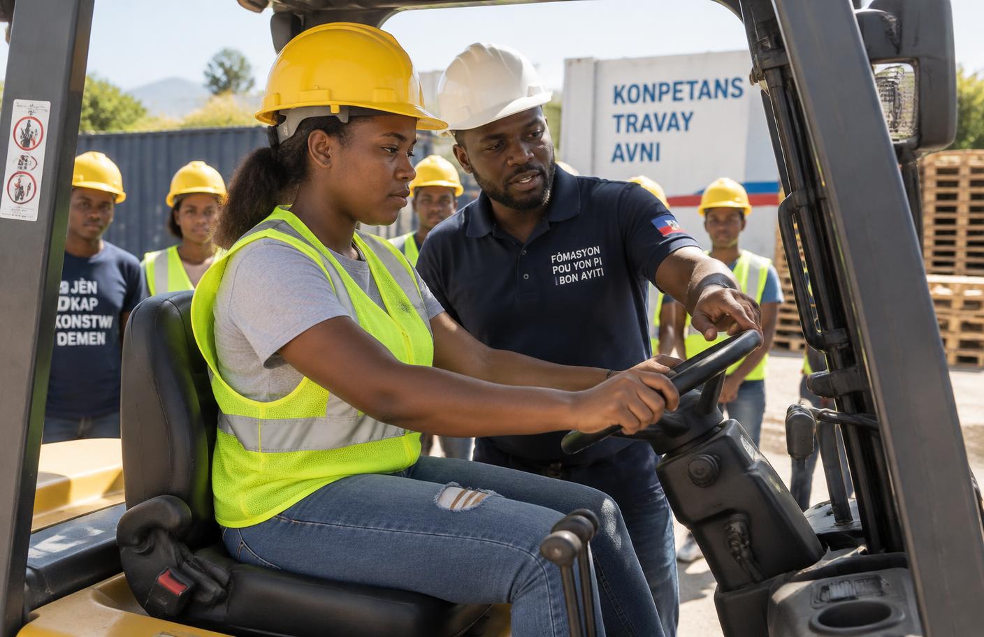 Yon jèn fanm Ayisyen ap aprann opere yon forklift ak enstriktè li